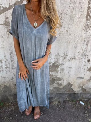 Eulalia | Women’s Cotton and Linen V-Neck Midi DressWomen’s Cotton and Linen V-Neck Midi Dress
