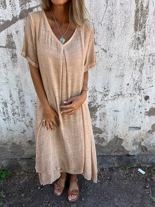 Eulalia | Women’s Cotton and Linen V-Neck Midi DressWomen’s Cotton and Linen V-Neck Midi Dress
