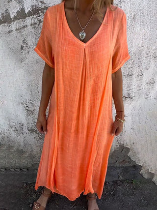 Eulalia | Women’s Cotton and Linen V-Neck Midi DressWomen’s Cotton and Linen V-Neck Midi Dress