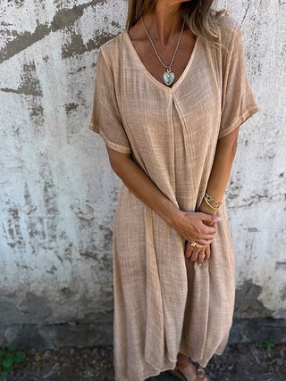 Eulalia | Women’s Cotton and Linen V-Neck Midi DressWomen’s Cotton and Linen V-Neck Midi Dress
