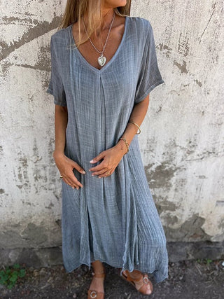 Eulalia | Women’s Cotton and Linen V-Neck Midi DressWomen’s Cotton and Linen V-Neck Midi Dress