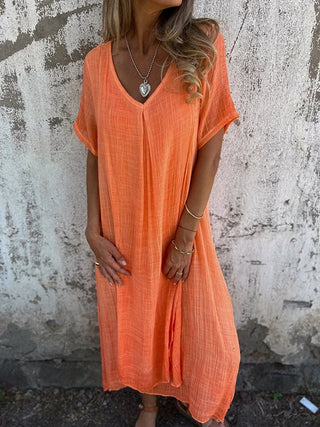 Eulalia | Women’s Cotton and Linen V-Neck Midi DressWomen’s Cotton and Linen V-Neck Midi Dress