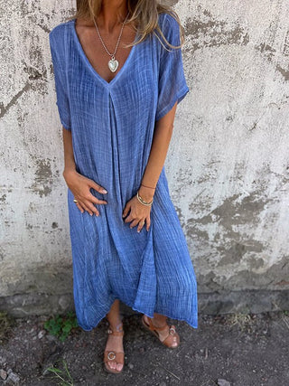 Eulalia | Women’s Cotton and Linen V-Neck Midi DressWomen’s Cotton and Linen V-Neck Midi Dress
