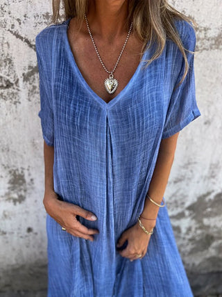 Eulalia | Women’s Cotton and Linen V-Neck Midi DressWomen’s Cotton and Linen V-Neck Midi Dress