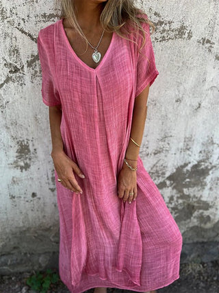 Eulalia | Women’s Cotton and Linen V-Neck Midi DressWomen’s Cotton and Linen V-Neck Midi Dress