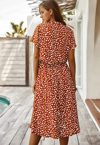 Galina | Polka Dot Midi Dress for Women with Short Sleeves and Tie-Waist V-Neck