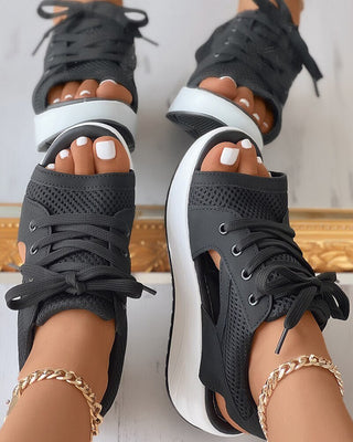 Quintina | Women's Contrast Paneled Cutout Lace-Up Muffin Sandals