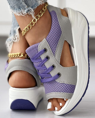 Quintina | Women's Contrast Paneled Cutout Lace-Up Muffin Sandals
