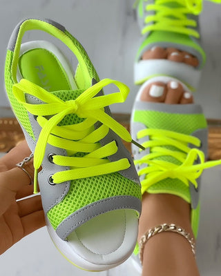 Quintina | Women's Contrast Paneled Cutout Lace-Up Muffin Sandals