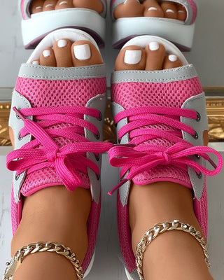 Quintina | Women's Contrast Paneled Cutout Lace-Up Muffin Sandals