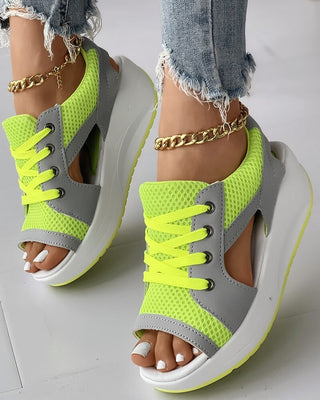 Quintina | Women's Contrast Paneled Cutout Lace-Up Muffin Sandals