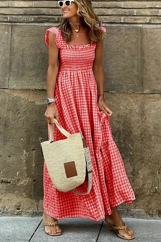 Halina | Plaid Ruffled-Sleeve Smocked Maxi Dress with Square Neckline For Women