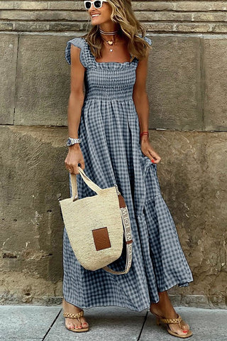 Halina | Plaid Ruffled-Sleeve Smocked Maxi Dress with Square Neckline For Women