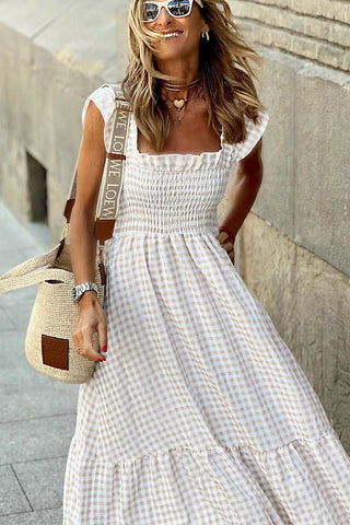 Halina | Plaid Ruffled-Sleeve Smocked Maxi Dress with Square Neckline For Women