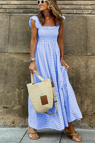 Halina | Plaid Ruffled-Sleeve Smocked Maxi Dress with Square Neckline For Women
