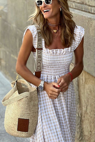 Halina | Plaid Ruffled-Sleeve Smocked Maxi Dress with Square Neckline For Women