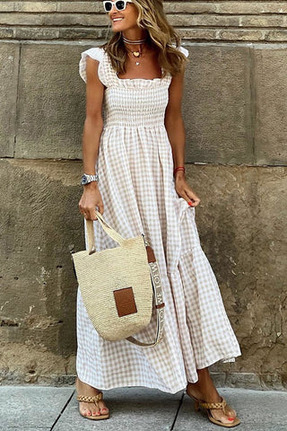 Halina | Plaid Ruffled-Sleeve Smocked Maxi Dress with Square Neckline For Women