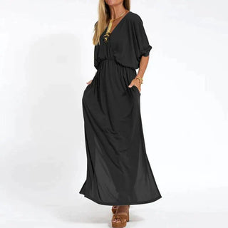 Jessamine | Deep V-Neck Maxi Dress with Elastic Waist and Side Slit for Women