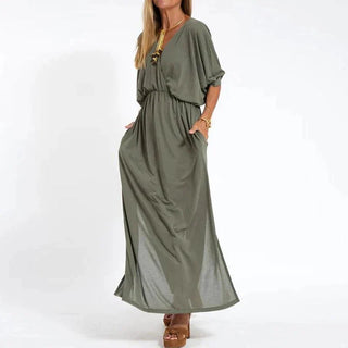 Jessamine | Deep V-Neck Maxi Dress with Elastic Waist and Side Slit for Women