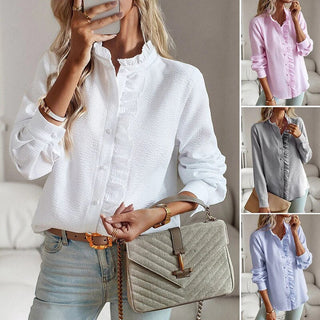 Danica | Women's Ruffled Pinstripe Button-Up Blouse