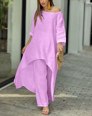Amelina | Women’s Two-Piece Set with Long-Line Irregular-Hem Blouse and Wide-Leg Trousers