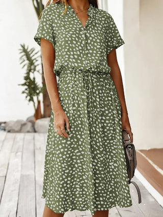 Galina | Polka Dot Midi Dress for Women with Short Sleeves and Tie-Waist V-Neck