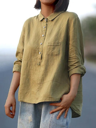 Claire | Women’s Loose Fit Long Sleeve Blouse in Cotton Linen Blend with Button Down Lapel