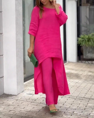 Amelina | Women’s Two-Piece Set with Long-Line Irregular-Hem Blouse and Wide-Leg Trousers