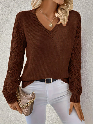 Maribel | Women’s V-Neck Knit Top with Long Sleeves and Hollow-Out Sleeve Detail