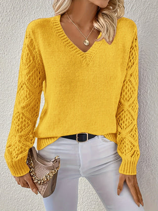 Maribel | Women’s V-Neck Knit Top with Long Sleeves and Hollow-Out Sleeve Detail