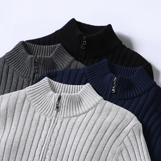 Fenwick | Men's Ribbed Knit Cardigan with Stand Collar and Full Zipper Closure