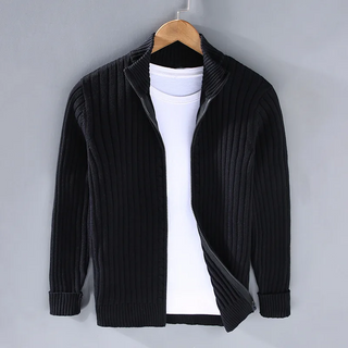 Fenwick | Men's Ribbed Knit Cardigan with Stand Collar and Full Zipper Closure