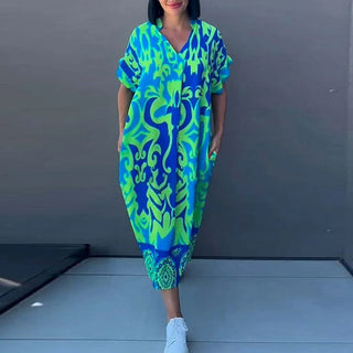 Andres | Women's Flowy Baroque Print V-Neck Dress with Short Sleeves