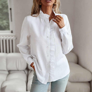 Danica | Women's Ruffled Pinstripe Button-Up Blouse