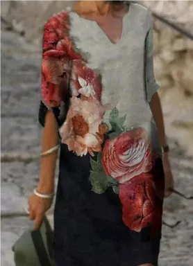 Elina | Women’s Floral Print Summer Dress with V-neckline